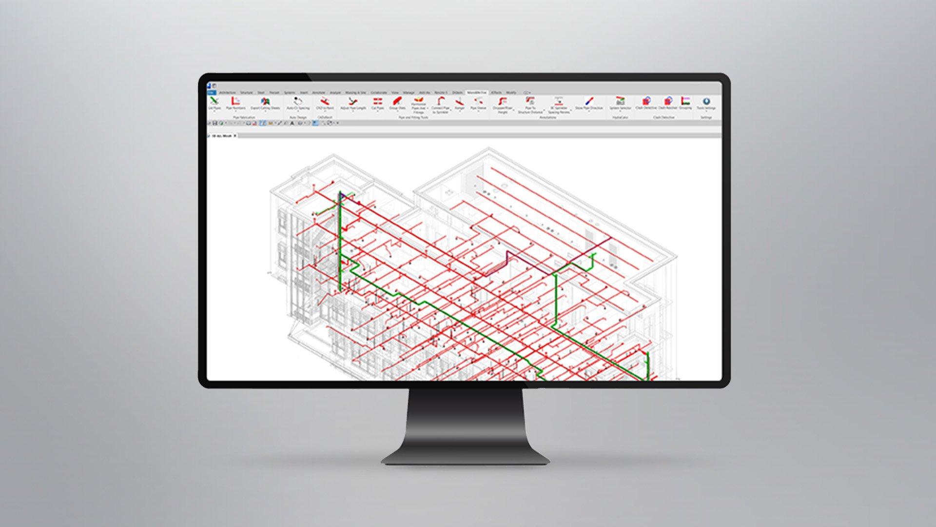 A computer monitor shows MicroBIM Fire software in action.